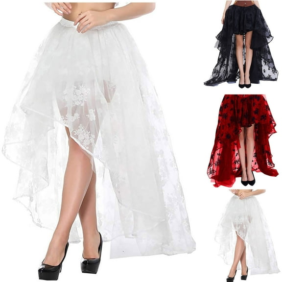 APEXFWDT Women's Renaissance Tutu Skirt Black Lace Victoria Gothic Long Maxi Skirt High Low Layered Mesh Tulle Skirt Princess Party Skirts White Medium