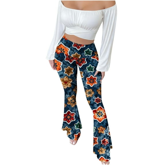 APEXFWDT Women's Retro Printed Flare Pants High Waist Slim-Fit Stretch Yoga Pants Lightweight Casual Fashion Bell Bottom Pants,XXL,G