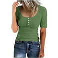 thumbnail image 1 of APEXFWDT Women's Ribbed Basic T-Shirt Crew Neck Short Sleeve Slim-Fit Button Top Solid Casual Wear for Grocery Runs & Work,XXL,Green, 1 of 4