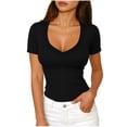 thumbnail image 1 of APEXFWDT Women's Ribbed Fitted Basic T-Shirt Short Sleeve V Neck Tees,XL,Black, 1 of 5