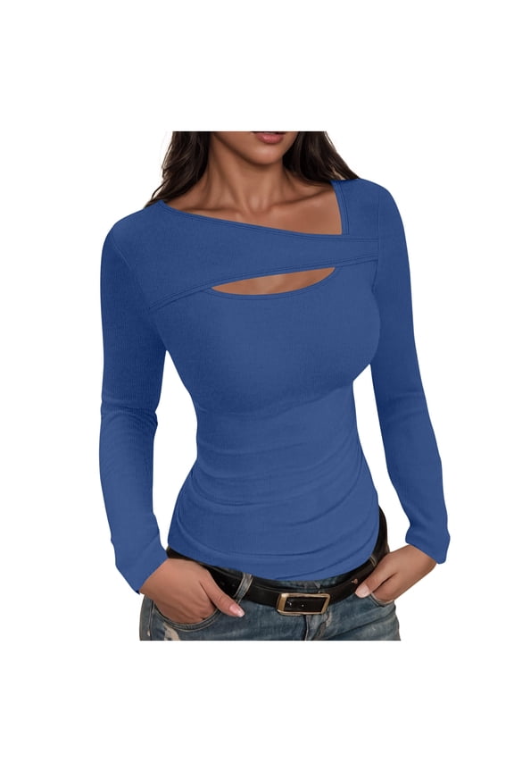 Women's Ribbed Long Sleeve Top Cut-Out Neckline Slim Fit Shirt Basic Tee for Fall/Winter,L,Dark Blue