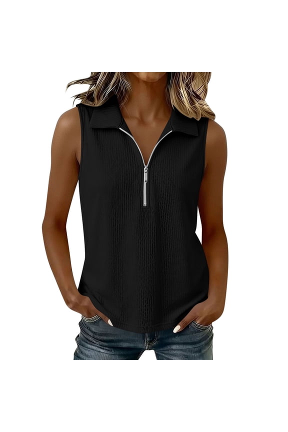 Women's Ribbed Quarter Zip Tank Top Collared Sleeveless Solid Color Casual Basic Top