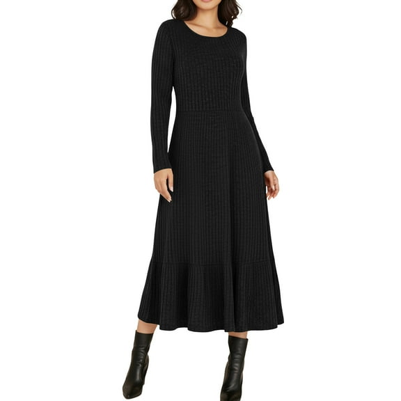 APEXFWDT Women's Ribbed Ruffled Dress Long Sleeve A-Line Pleated Dresses Crewneck Fitted-Waist Midi Dress for Fall/Winter Weekend Brunches,L,Black