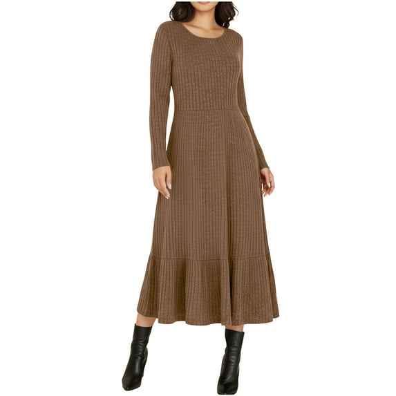 APEXFWDT Women's Ribbed Ruffled Dress Long Sleeve A-Line Pleated Dresses Crewneck Fitted-Waist Midi Dress for Fall/Winter Weekend Brunches,XL,Khaki