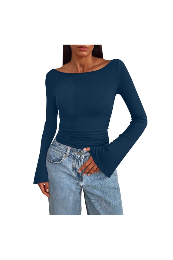 Women's Ribbed Scoop Neck Basic Top Flared Sleeve Long Sleeve Fitted Top Base Layer Y2K Stylish Club Wear,XXL,Navy