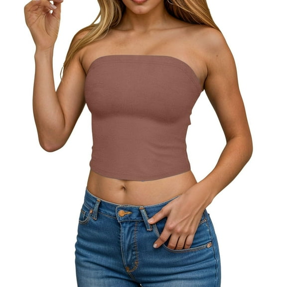 APEXFWDT Women's Ribbed Tube Top Slim Fitting Strapless Tank Top with Built-In Shelf Bra for Resort Wear & Club Nights S,Brown