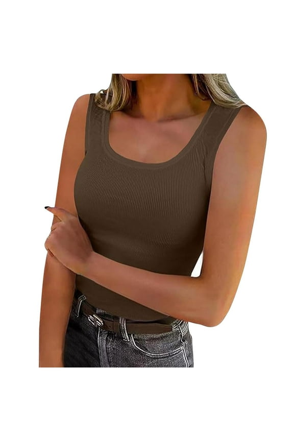Women's Ribbed U-Neck Tank Top Sleeveless Slim-Fit Solid Color Basic Top Casual Daily Wear,S,Brown