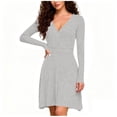 thumbnail image 1 of APEXFWDT Women's Ribbed V-Neck Dress Long Sleeve A-Line Knee-Length Dresses Fitted-Waist Fall Winter Casual Dress,S,Gray, 1 of 5