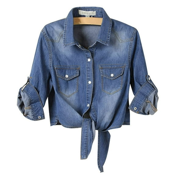 APEXFWDT Women's Roll Up 3/4 Sleeve Denim Shirt Tie Front Knot Denim Crop Top Casual Chambray Button Down Shirt Jean Top S/M/L/XL/XXL