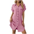 thumbnail image 1 of APEXFWDT Women's Rolled Short Sleeve Shirt Dress Button Down Collared Loose Short Dress Casual Fashion Summer Dresses,XXL,Pink, 1 of 6