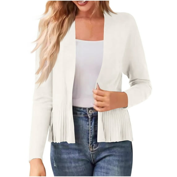 APEXFWDT Women's Ruffle Hem Knit Cardigan Textured Long Sleeve Open Front Jacket for Layering,XXL,White