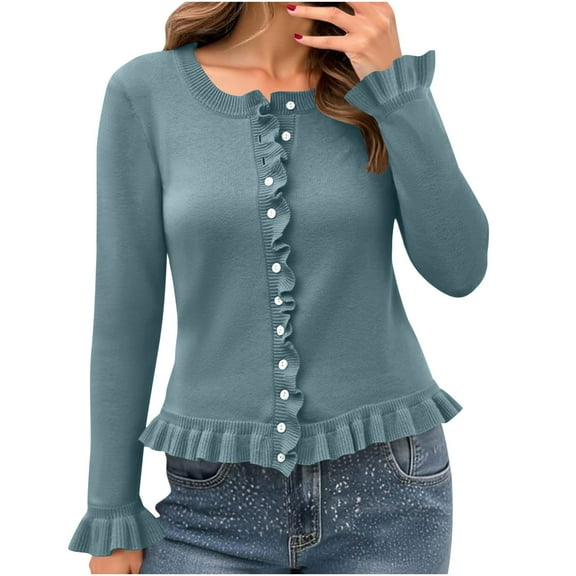 APEXFWDT Women's Ruffled Trim Knit Cardigan Button-Up Crew Neck Sweater Long Sleeve Feminine Casual Outerwear,M,Blue