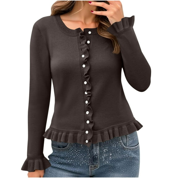 APEXFWDT Women's Ruffled Trim Knit Cardigan Button-Up Crew Neck Sweater Long Sleeve Feminine Casual Outerwear,S,Coffee