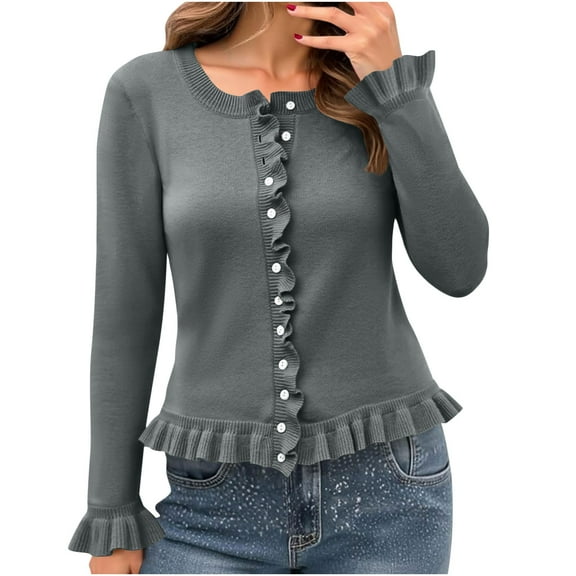 APEXFWDT Women's Ruffled Trim Knit Cardigan Button-Up Crew Neck Sweater Long Sleeve Feminine Casual Outerwear,S,Dark Gray