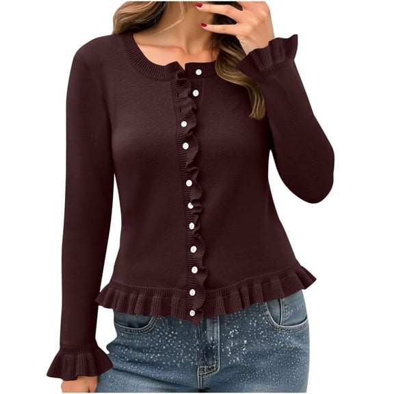 APEXFWDT Women's Ruffled Trim Knit Cardigan Button-Up Crew Neck Sweater Long Sleeve Feminine Casual Outerwear,S,Wine