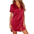 thumbnail image 1 of APEXFWDT Women's Satin Button-Down Nightdress Short Sleeve Collared Sleep Shirt Silky Soft Loose Fit Nightwear for Summer Leisure,Red, 1 of 7