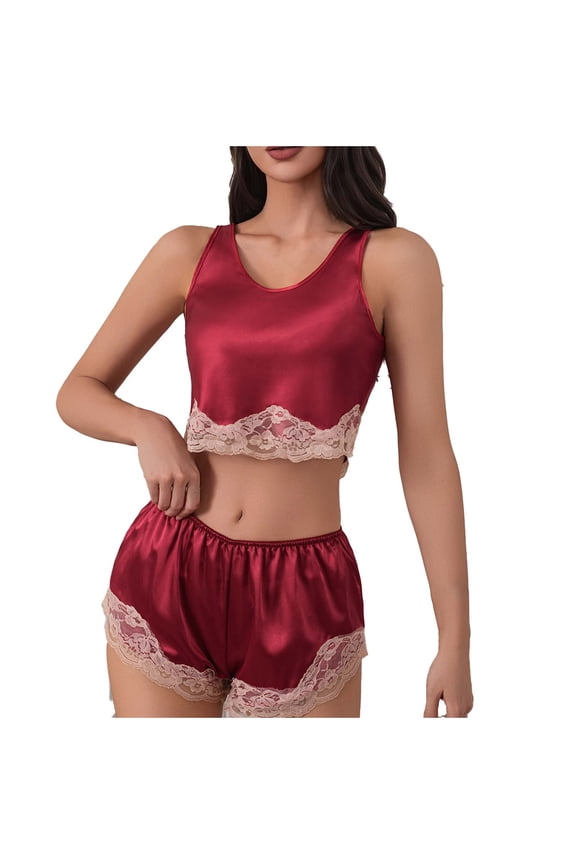 Women's Satin Cami Pajama Set Sleeveless Lace Trim Cropped Top & Shorts Silky Soft Loungewear Set,Red