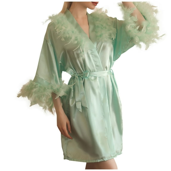 APEXFWDT Women's Satin Kimono Robe with Feather Trim Bridesmaid Robes Bridal Party Sleepwear Robe Silk Satin Dressing Gown Nightgown Bathrobe