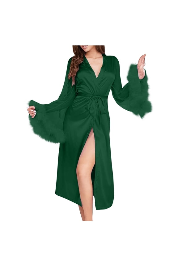 APEXFWDT Women's Satin Robe Bridesmaid Bride Feather Robe Kimono Silky Long Sleeve Bathrobe with Feather Trim Wedding Robe
