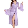 thumbnail image 1 of APEXFWDT Women's Satin Robe Bridesmaid Bride Feather Robe Kimono Silky Long Sleeve Bathrobe with Feather Trim Wedding Robe, 1 of 5