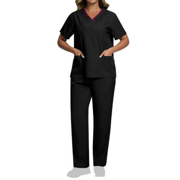 APEXFWDT Women’s Scrubs Set – Short Sleeve V-Neck Top with 2 Pockets + Elastic Straight Fit Pants Workwear Set,S,Black