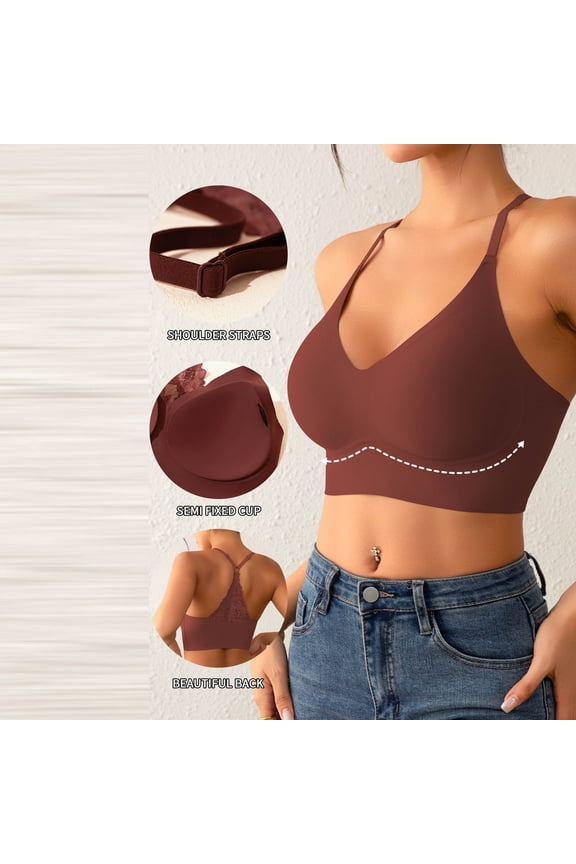 Women's Seamless Wireless Bra V-Neck Push-Up Bralettes Lace Y-Back Breathable Comfort Bra All-Day Wear,Wine