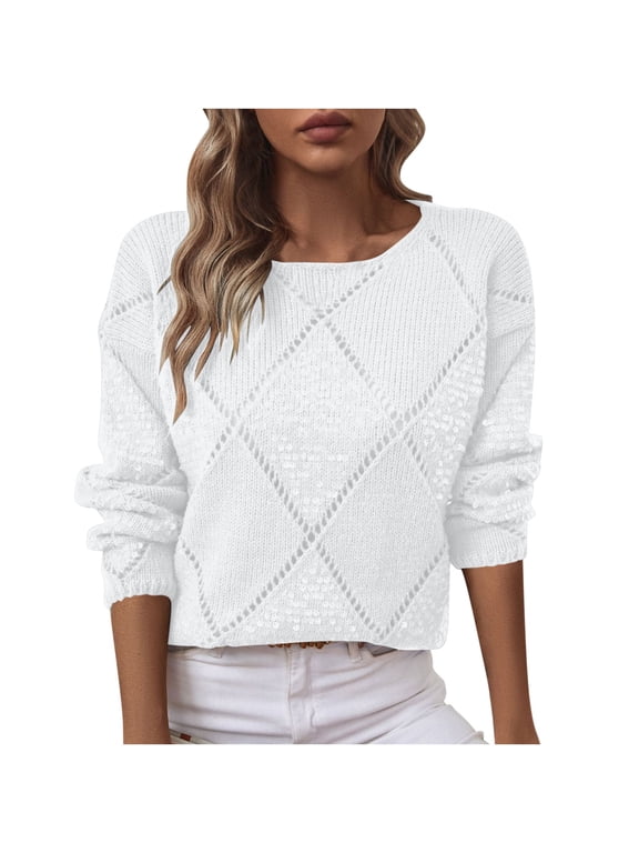 Women's Sequin Knit Sweater Argyle Pattern Crew Neck Pullover Cutout Long Sleeves Stylish Fashion Top,XL,White