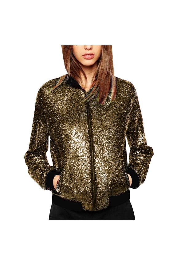Women's Sequin Long Sleeve Front Zip Bomber Jacket with Ribbed Cuffs Sequin Jacket Party Glitter Bomber Sparkly Jackets