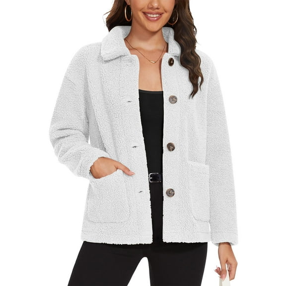 APEXFWDT Women's Shearling Fleece Jacket Collared Button-Down Warm Winter Coat Long Sleeve Cozy Outerwear with Pockets,S,White