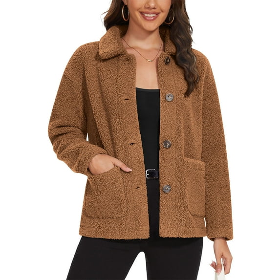 APEXFWDT Women's Shearling Fleece Jacket Collared Button-Down Warm Winter Coat Long Sleeve Cozy Outerwear with Pockets,XL,Coffee