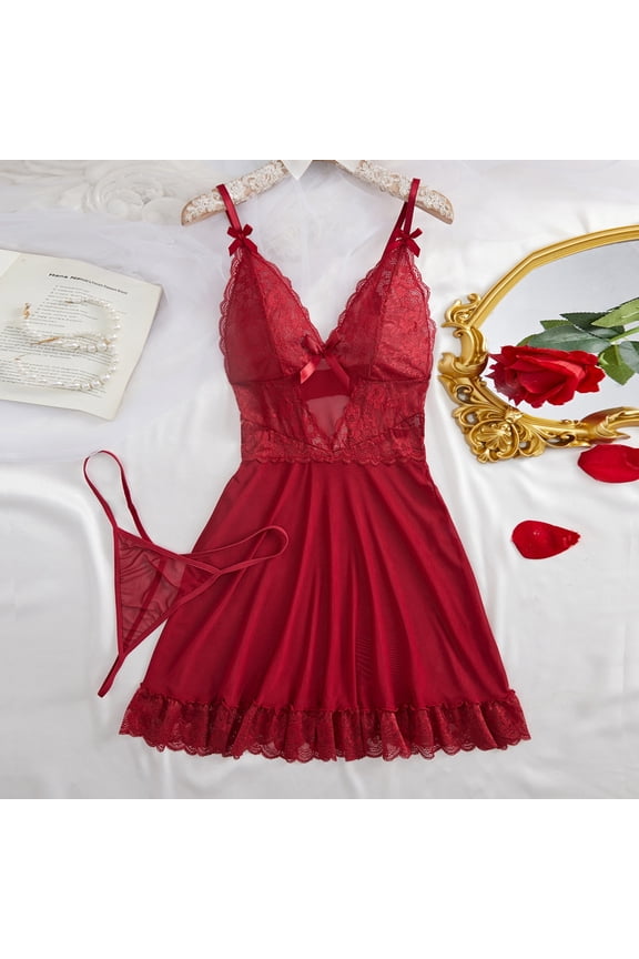 Women's Sheer Lace Babydoll Set - Adjustable Spaghetti Straps Chemise & G-String 2-Piece (Machine Washable)