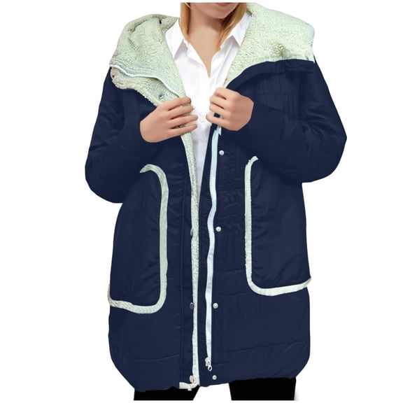APEXFWDT Women's Sherpa-Lined Hooded Coat Zip-Up Casual Winter Parka Coat Long Sleeve Warm Outerwear for Daily Commutes & Cold-Day Errands,M,Navy