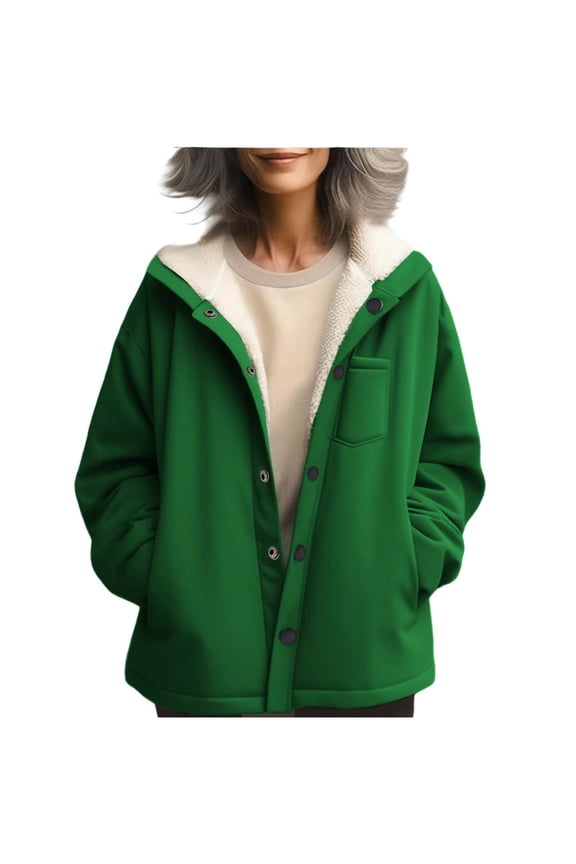 Women's Sherpa-Lined Hooded Jacket Button-Down Long Sleeve Warm Winter Coat Pockets Outerwear for Winter Daily Errands,XL,Green