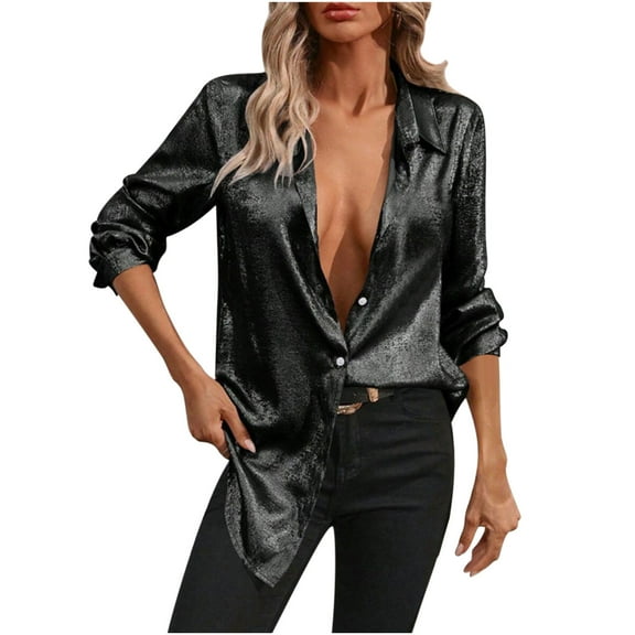APEXFWDT Women's Shiny Button-Down Shirt Long Sleeve Loose Fit Blouse for Parties & Work, Versatile Formal-Casual Top,XXL,Black