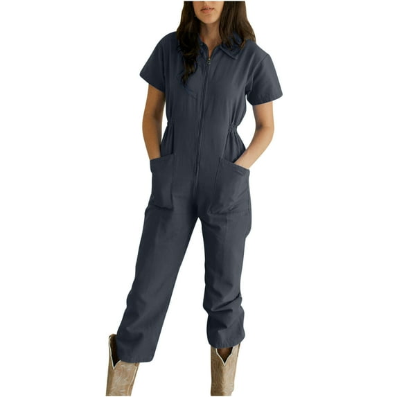 APEXFWDT Women's Short Sleeve Collared Coverall Zipper Front Elastic Waist Cargo Jumpsuit Casual Long Pants Rompers with Pockets 6 Colors,S-3XL