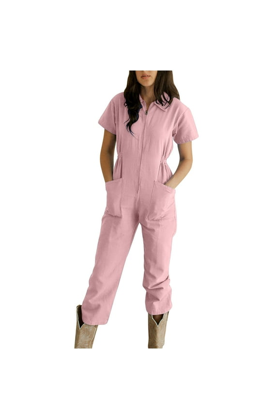 APEXFWDT Women's Short Sleeve Collared Coverall Zipper Front Elastic Waist Cargo Jumpsuit Casual Long Pants Rompers with Pockets 6 Colors,S-3XL