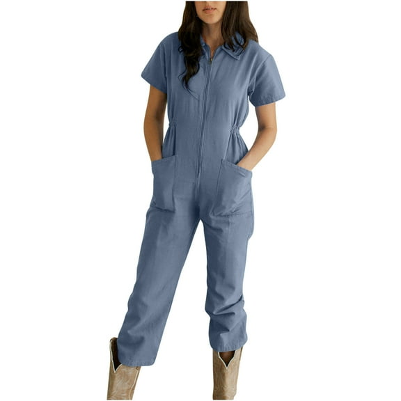 APEXFWDT Women's Short Sleeve Collared Coverall Zipper Front Elastic Waist Cargo Jumpsuit Casual Long Pants Rompers with Pockets 6 Colors,S-3XL