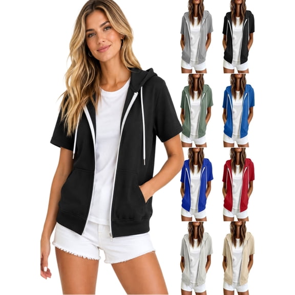 APEXFWDT Women's Short Sleeve Hoodie Full Zip Sweatshirt Casual Drawstring Lightweight Sweatshirts Jackets with Pockets,S,Gray