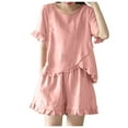 thumbnail image 1 of APEXFWDT Women's Short Sleeve Pajama Sets M-3XL,Casual Cotton Linen Ruffle Shirt and Shorts with Pockets Crew Neck 2 Piece Lounge Sets, 1 of 5