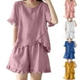 thumbnail image 1 of APEXFWDT Women's Short Sleeve Pajama Sets M-3XL,Casual Cotton Linen Ruffle Shirt and Shorts with Pockets Crew Neck 2 Piece Lounge Sets, 1 of 6