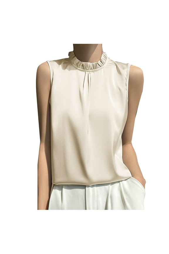 Women's Silk-Cool Tank Top Sleeveless Ruffle Collar Solid Camisole Lightweight Inner Wear for Summer & Daily Layering,XL,Beige