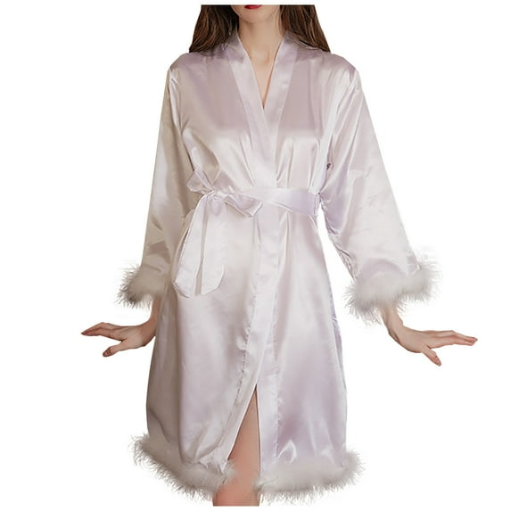 APEXFWDT Women's Silk Satin Robes Feather Trim Bride Bridesmaid Kimono Bathrobe 3/4 Sleeve Silky Sleepwear for Women Dressing Gown