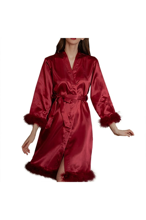 Women's Silk Satin Robes Feather Trim Bride Bridesmaid Kimono Bathrobe 3/4 Sleeve Silky Sleepwear for Women Dressing Gown