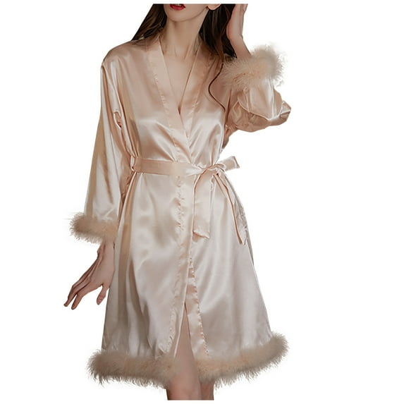 APEXFWDT Women's Silk Satin Robes Feather Trim Bride Bridesmaid Kimono Bathrobe 3/4 Sleeve Silky Sleepwear for Women Dressing Gown