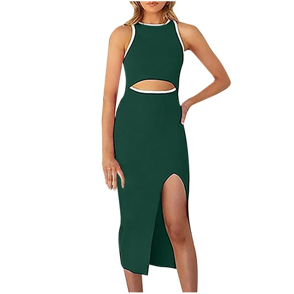 APEXFWDT Women's Sleeveless Bodycon Midi Dress Crew Neck Side Slit Ribbed Tank Dresses Sexy Hollow Out Cocktail Dresses Bodycon Dress