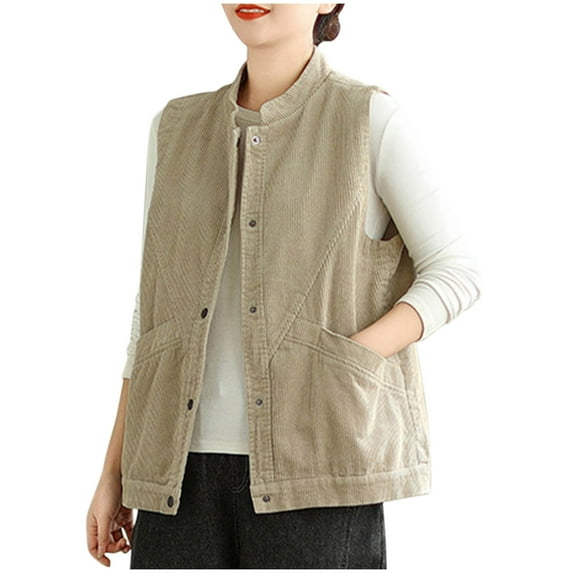 APEXFWDT Women's Sleeveless Corduroy Vest Jacket with Pocket Snap Button Crewneck Vest for Women Casual Outerwear Vest Top L,Khaki