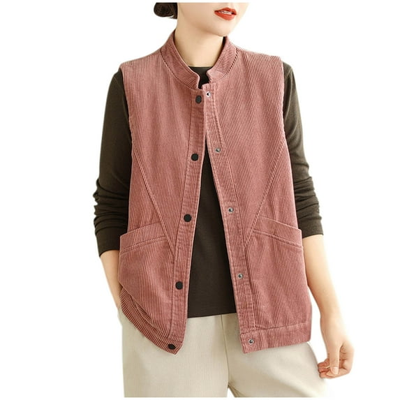 APEXFWDT Women's Sleeveless Corduroy Vest Jacket with Pocket Snap Button Crewneck Vest for Women Casual Outerwear Vest Top XL,Pink