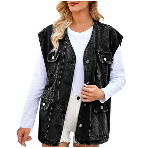 APEXFWDT Women's Sleeveless Denim Vest V Neck Button Down Jean Waistcoat Jacket Oversized Jean Denim Jacket Vest Top with Pockets
