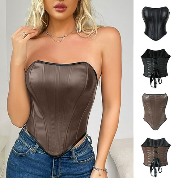 APEXFWDT Women's Sleeveless Faux Leather Corset Top Back Lace-Up Y2K Crop Top Edgy Casual Bustier Shapewear,XXL,Black
