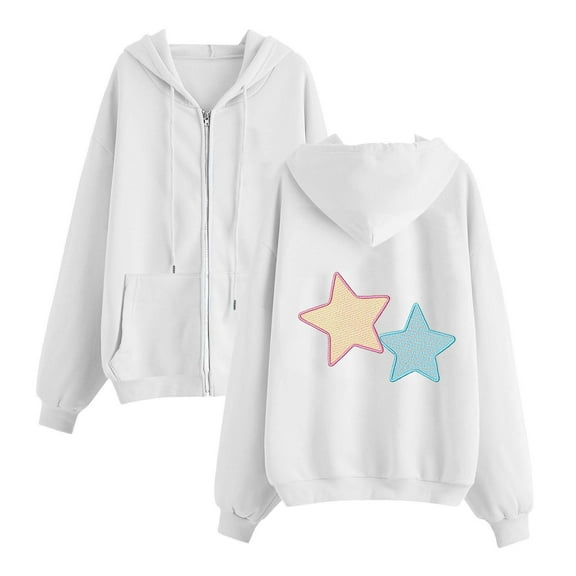 APEXFWDT Women's Star Print Hoodie Jacket - Oversized Drop Shoulder Zip-Up Sweatshirt Long Sleeve Casual Outerwear,M,White